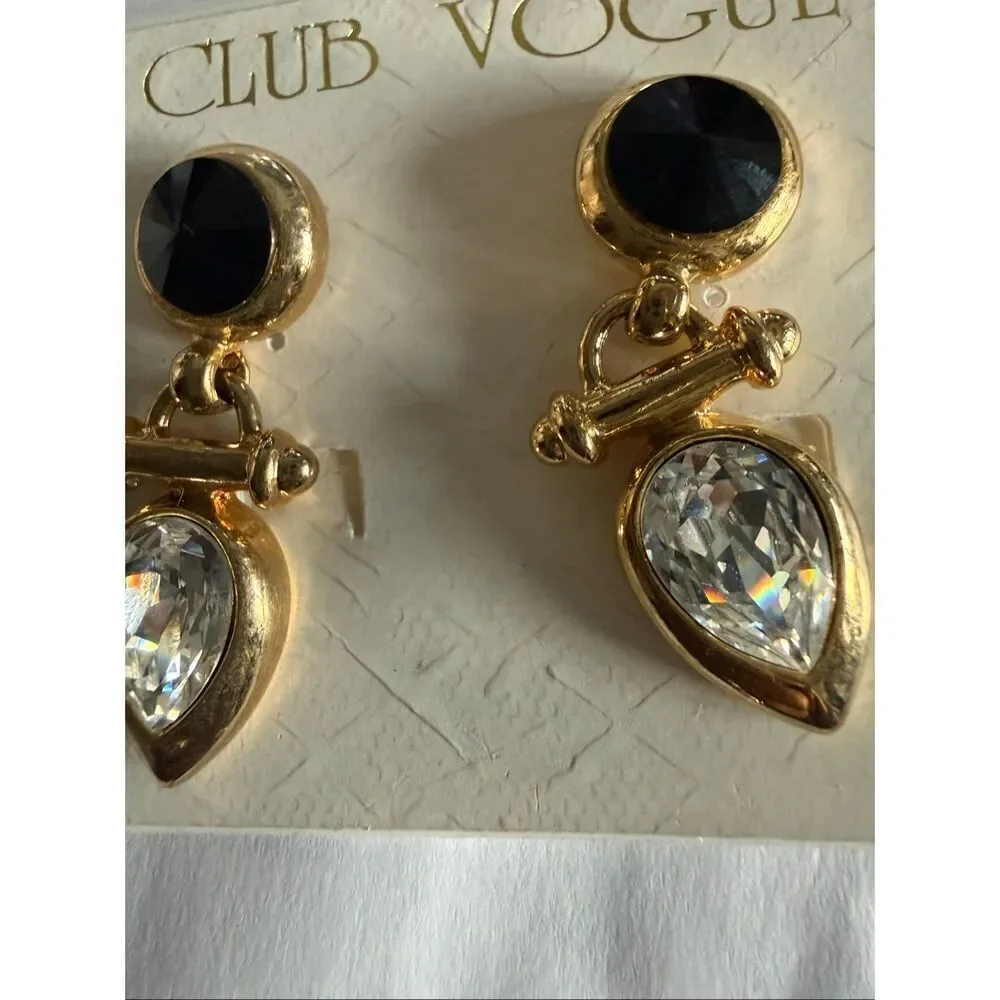 Club Vogue Women's Gold Tone Black Onyx Pear-Shaped Crystal Drops Earrings NWT